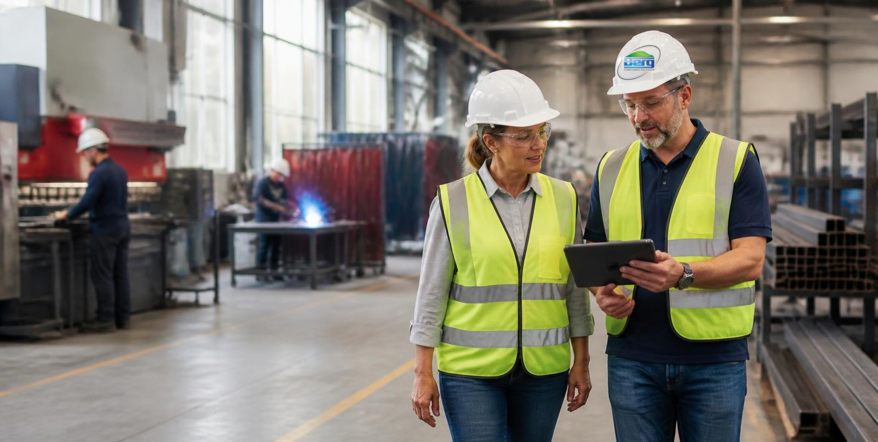 Berg Compliance Solutions safety consultant walking a Dallas-Fort Worth manufacturing floor with a plant supervisor