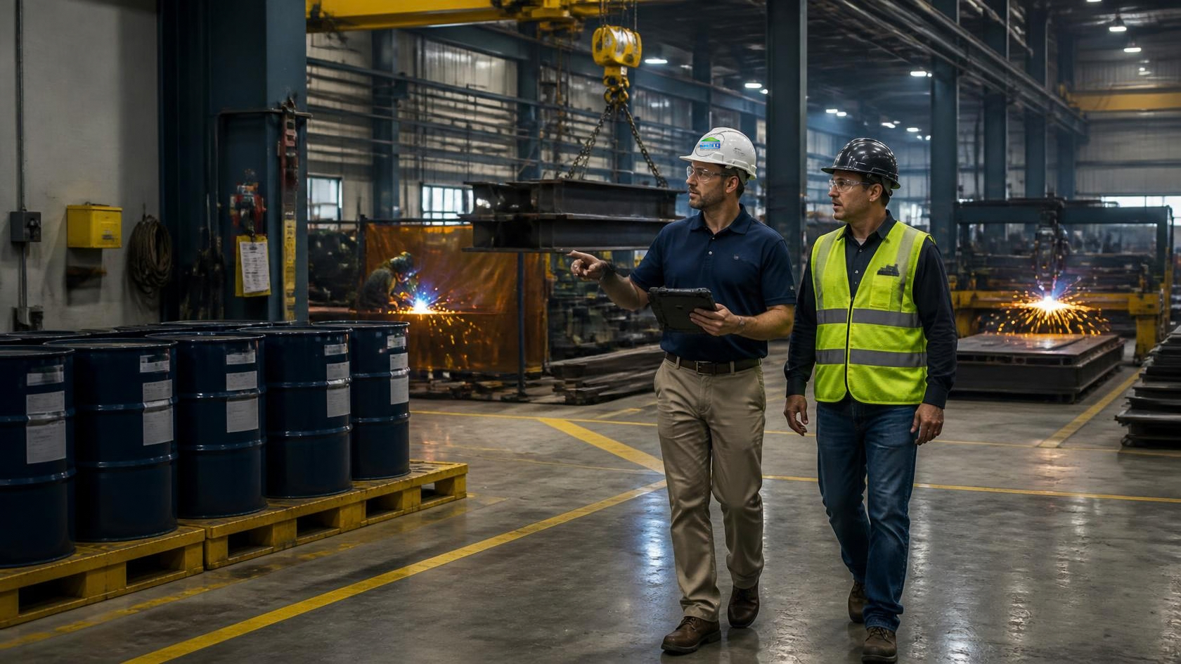 Berg Compliance Solutions safety consultant reviewing hazardous waste drum storage with a plant manager at a San Antonio manufacturing facility